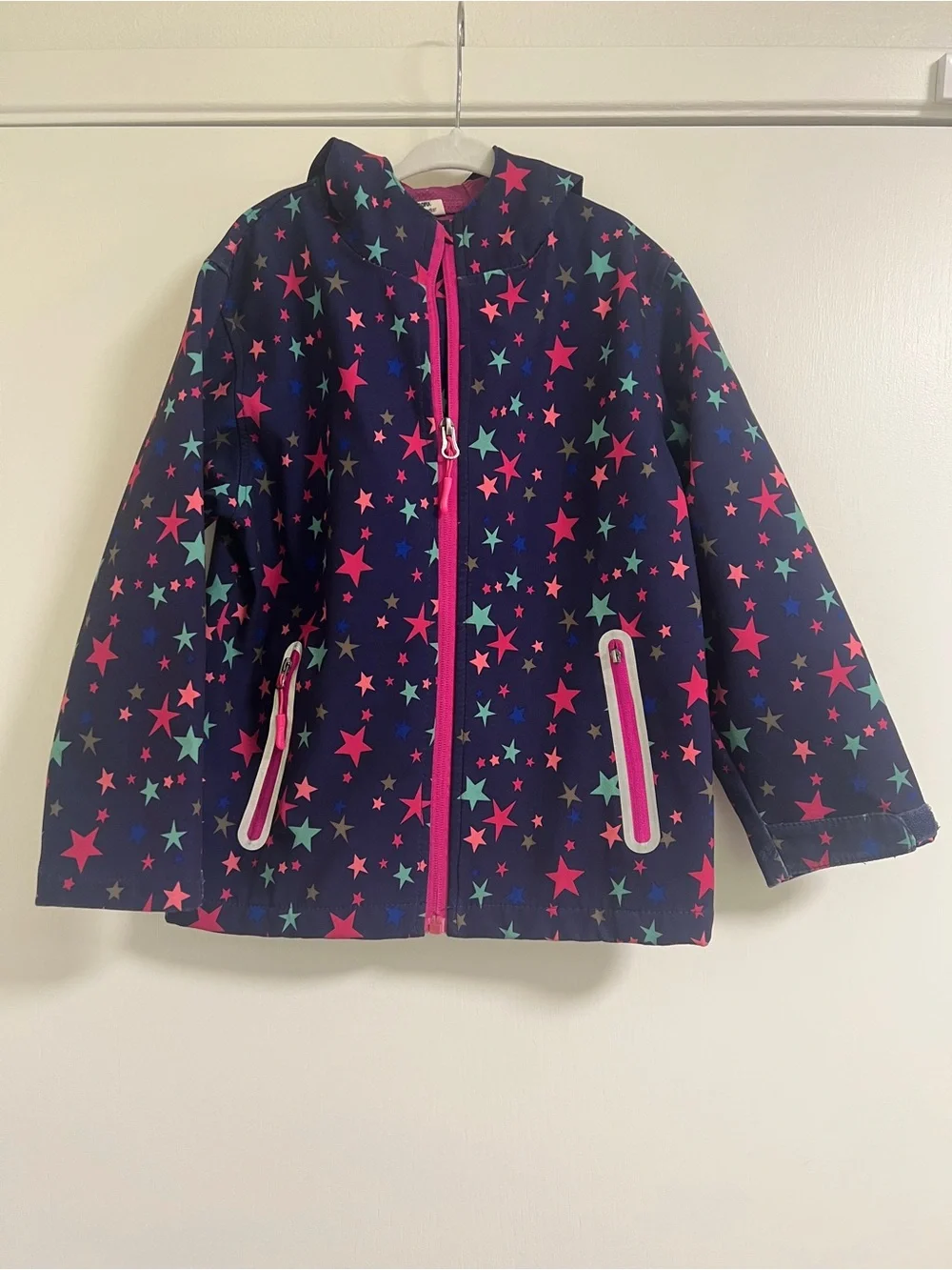 Girls' Navy‎ Star-Print Hooded Raincoat Jacket with Pink Lining 5T